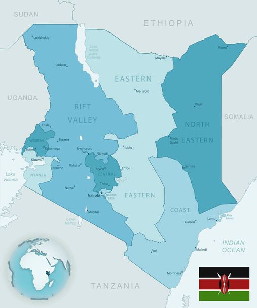Modrozelená podrobná mapa keňských správních divizí s vlajkou země a polohou na zeměkouli. Vektorová ilustrace - Vektor, obrázek