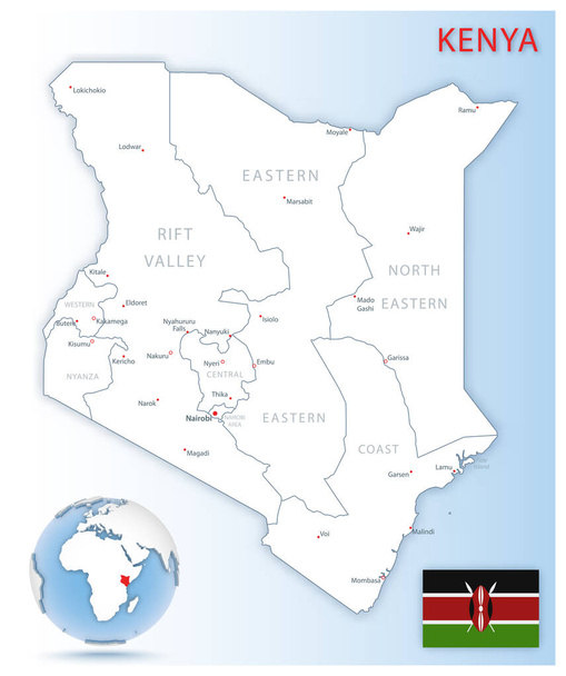 Carte administrative détaillée du Kenya avec drapeau du pays et emplacement sur un globe bleu. Illustration vectorielle - Vecteur, image