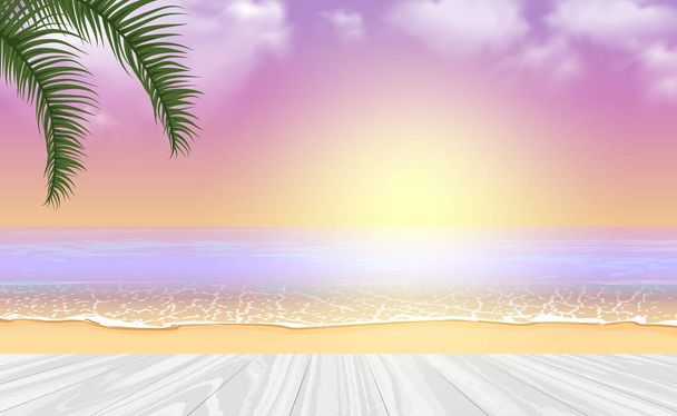 Tropikal gün batımı deniz manzaralı ahşap masa ve palmiye dallarıyla modelleme - Vektör, Görsel