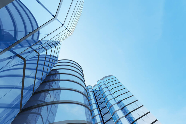Abstrakcyjna futurystyczna architektura, wieżowiec ze szkła biurowego. Renderowanie 3D. - Zdjęcie, obraz