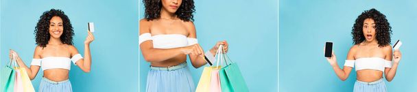 collage de mujer afroamericana emocional sosteniendo tarjetas de crédito, teléfonos inteligentes y bolsas de compras aisladas en azul
  - Foto, Imagen