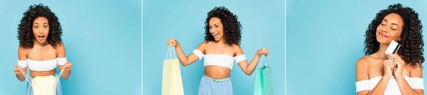 koláž šťastné africké americké ženy držící nákupní tašky a kreditní karty izolované na modré - Fotografie, Obrázek