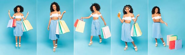 koláž šťastné africké americké dívky poslouchající hudbu, držící koktejl a ukazující rukama na nákupní tašky na modré - Fotografie, Obrázek