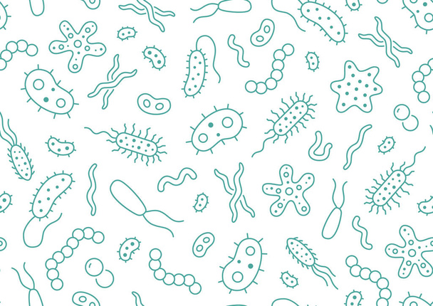 Bacterias, virus, microbios patrón sin fisuras. El fondo del vector incluyó iconos de línea como microorganismo, germen, moho, célula, pictograma del contorno del probiótico para la infografía microbiológica
 - Vector, Imagen