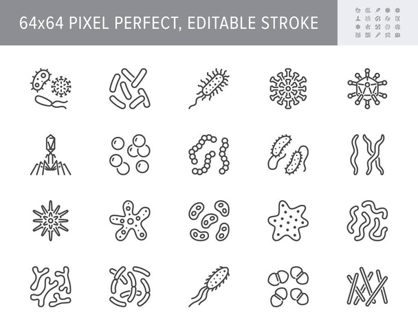 Bakterie, virus, ikony mikrobů. Vektorová ilustrace zahrnovala ikonu jako mikroorganismus, klíčky, plíseň, buňka, probiotický obrys piktogram pro mikrobiologii infographic 64x64 Pixel Perfect Editable Stroke - Vektor, obrázek