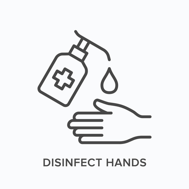 Sanitizer line icon. Vector outline illustration of antibacterial treatment. Hand disinfection pictorgam - Vector, Image