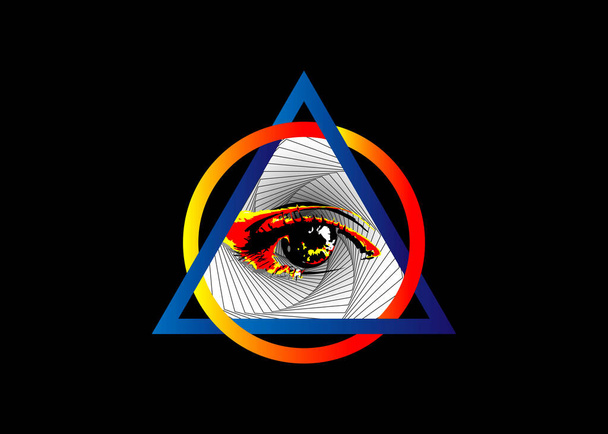 Sacred Masonic symbol. All Seeing eye, the third eye, The Eye of Providence, inside triangle pyramid. New World Order. Hand-drawn alchemy, religion, spirituality, occultism. Vector isolated or black - Vector, Image