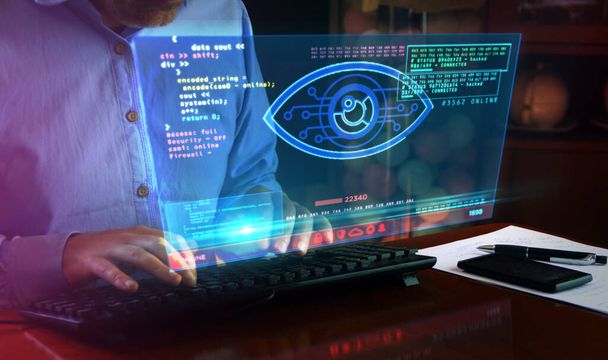 Hacker ataque espião com olho cibernético na tela do computador. Hacking, controle, vigilância, supervisão, invigilância digital e violação do conceito de privacidade 3d com efeito de falha
. - Foto, Imagem