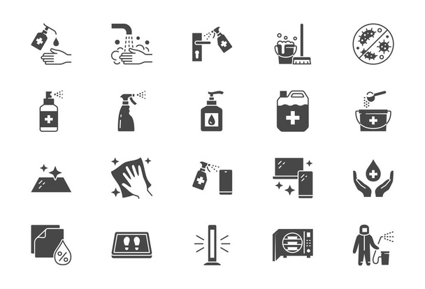 Disinfezione icone piatte. Illustrazione vettoriale inclusa icona come bottiglia spray, straccio per la pulizia del pavimento, gel per lavarsi le mani, lampada uv autoclave pittogramma di silhouette nera per le pulizie - Vettoriali, immagini
