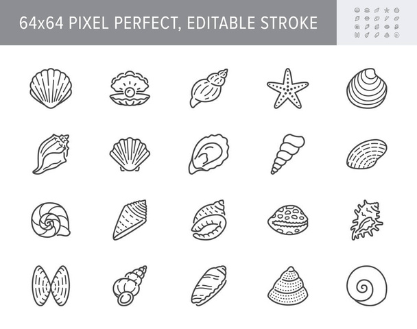 Seashell, ostrygi, ikony linii przegrzebków. Ilustracja wektorowa obejmowała ikonę nautilus, muszlę spiralną, piktogram zarysu rozgwiazdy dla infografiki mięczaków plażowych. 64x64 Pixel Doskonały Edytowalny Stroke - Wektor, obraz