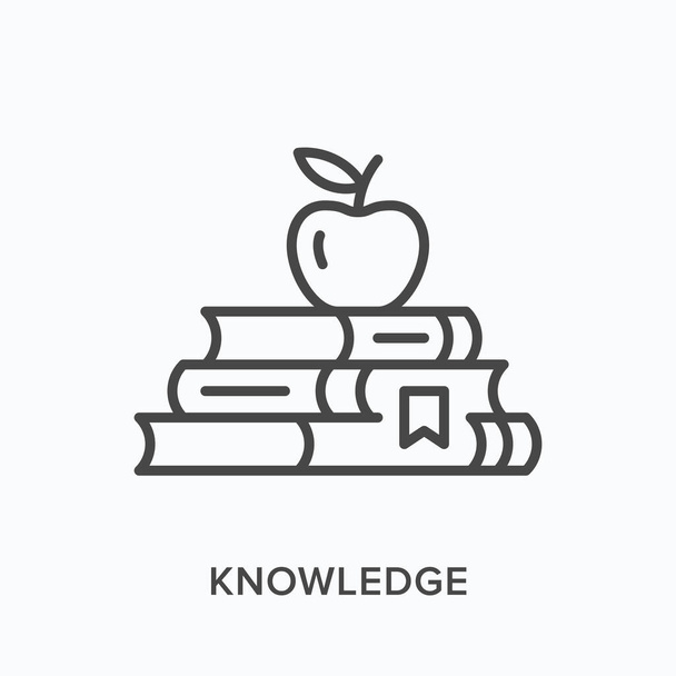 Knowledge line icon. Vector outline illustration of books and apple. Encyclopedia pictogram for education symbol - Вектор,изображение