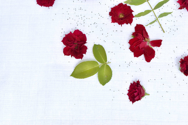 kukat ja ruusun terälehdet, lehdet ja unikonsiemenet valkoisella sideharsolla - Valokuva, kuva