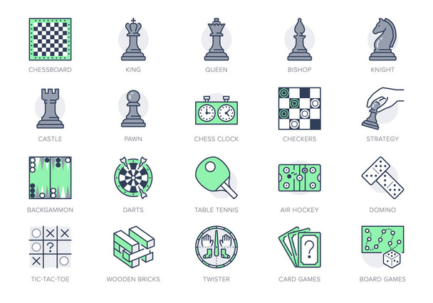 Giochi da tavolo linea icone. Illustrazione vettoriale inclusa icona come scacchi, pedine, pittogramma contorno domino per negozio di intrattenimento da tavolo. Colore verde, traccia modificabile - Vettoriali, immagini