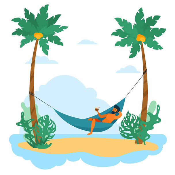 Swarthy man is relax in hammock among palm - Wektor, obraz