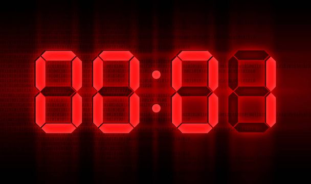Punainen hehkuva digitaalinen kellot pimeässä näyttelyssä 00: 01 aika - Valokuva, kuva