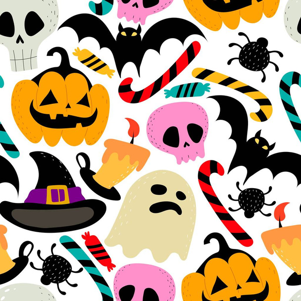 Halloween seamless pattern with cartoon thematic elements. Colorful vector flat style. holiday theme. hand drawing. design for fabric, print, wrapper, textile - Vetor, Imagem