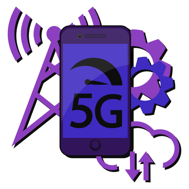 5G technology concept. Smartphone with 5g symbol and with wireless tower. New 5th generation mobile network, high speed connection wireless systems and more. Vector - Vector, Image
