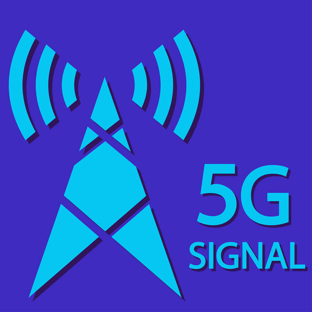 5g signal technology icon. Radio tower with text 5G signal . New 5th generation mobile network, high speed connection wireless systems and more. Vector illustration isolated on blue background - Vector, Image