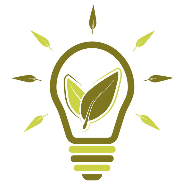 緑の電球ランプ。2つの葉を持つ生態系の電球。グリーンエネルギー、シンボル。自然を守れロゴタイプ。生態系のグリーンエネルギーの概念。ベクトル - ベクター画像