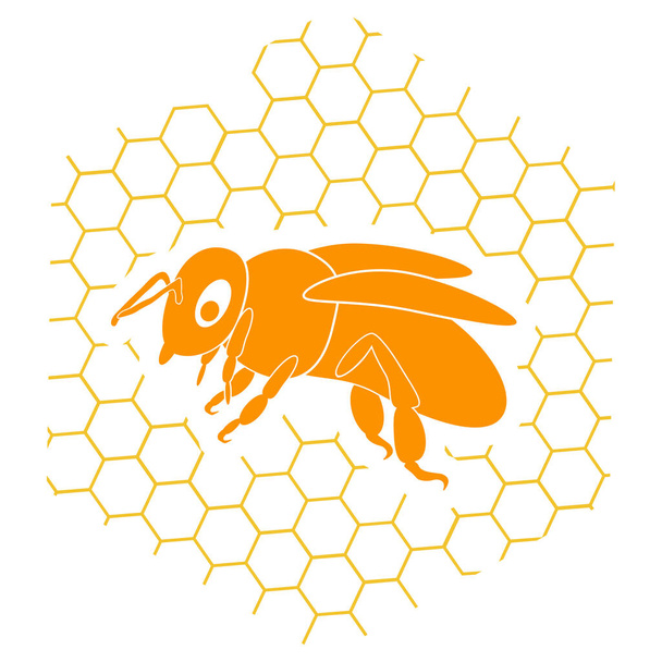 Medová včela. Med logo s včelami a plástve v oranžové barvě izolované na bílém pozadí. Lze použít pro dekoraci obalů s medovými výrobky. Logo, tiskové pozadí, tašky. - Vektor, obrázek