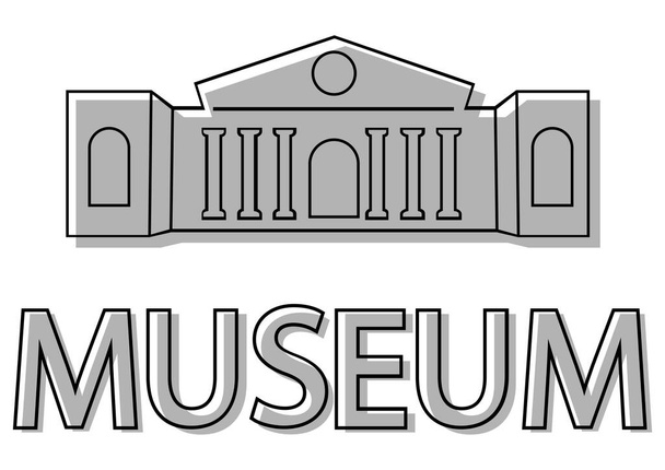 Museorakennuksen ikoni. Museon ikoni. Museon logo litteään tyyliin ikoninen symboli. Rakennus musta väri, eristetty valkoisella taustalla. Vektori - Vektori, kuva