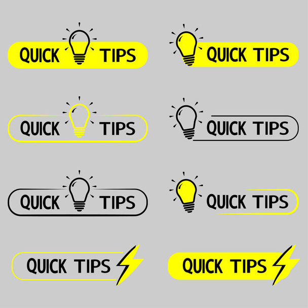 Schnelle Tipps. Gelbes Glühbirnen-Symbol mit Quick-Tip-Text. Hilfreiche Idee, Lösung und Trickillustration. Abstrakte Banner mit nützlichen Informationen, Ideen oder Ratschlägen mit Glühbirne. Vektor - Vektor, Bild
