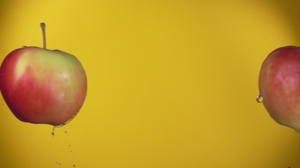 Two large ripe red apples are colliding on the yellow background - Záběry, video