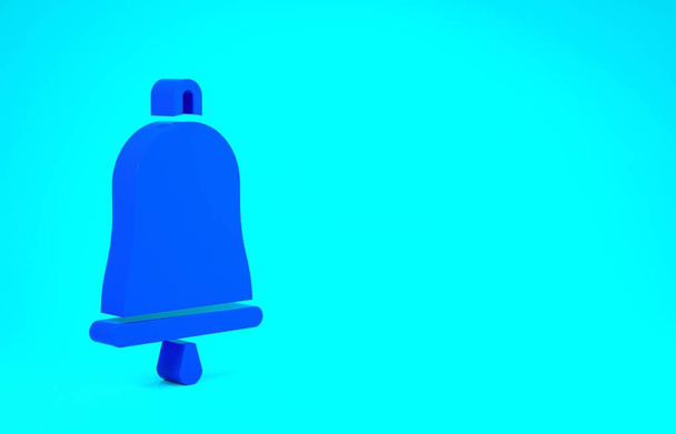 Blaues Glockensymbol isoliert auf blauem Hintergrund. Alarmsymbol, Serviceglocke, Handklingelschild, Benachrichtigungssymbol. Minimalismus-Konzept. 3D Illustration 3D Renderer - Foto, Bild