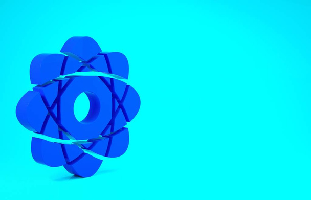 Синий значок Атом выделен на синем фоне. Символ науки, образования, ядерной физики, научных исследований. Концепция минимализма. 3D-рендеринг - Фото, изображение