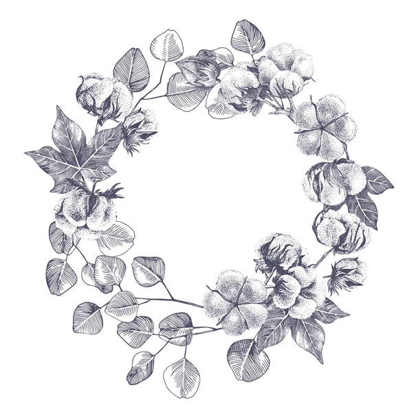 Hand drawn cotton and eucaliptus wreath - Vector, Image