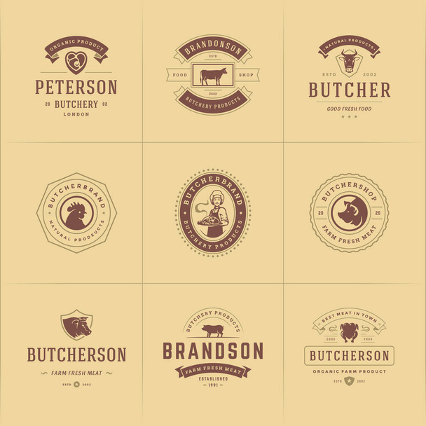 Butcher shop logos set vector illustration good for farm or restaurant badges with animals and meat silhouettes - Вектор, зображення