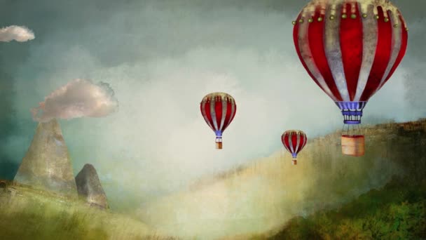 sfondo, animazione chiusa, palloncini di animazione nel viaggio in mongolfiera immagine animata per il sito di viaggiograndi palloncini nel cielo Avventura cielo blu le nuvole ampia pianura rotolamento nelle nuvole loop di animazione - Filmati, video