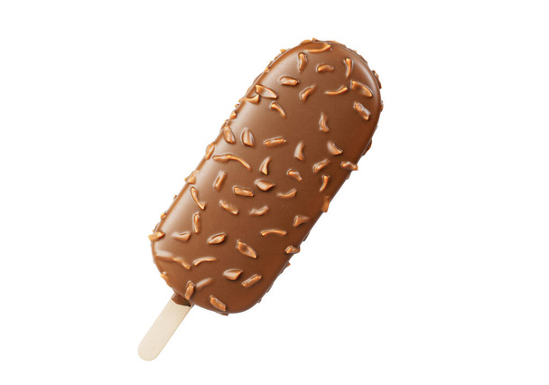 Beyaz arka planda fındıkla kaplı kahverengi çikolatalı dondurma. İzole edilmiş. Ferahlatıcı yaz tatlıları. Gerçekçi 3B Görüntü - Fotoğraf, Görsel