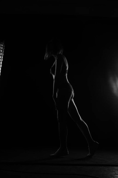 silhouette di bella donna con breve sentire in lingerie posa su sfondo scuro studio     - Foto, immagini