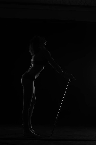 silhouette of beautiful woman with short hear in lingerie posing on dark studio background     - Photo, Image