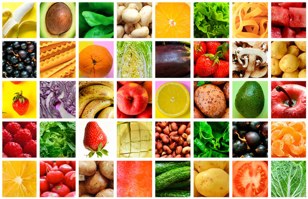Naturkost-Collage. Hintergrund von Obst, Gemüse und Beeren. Frische Lebensmittel. - Foto, Bild