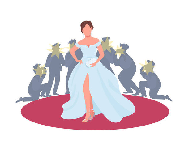Actress in fancy dress on red carpet flat concept vector illustration. Movie premiere, festival. Woman posing to paparazzi 2D cartoon character for web design. Entertainment industry creative idea - ベクター画像