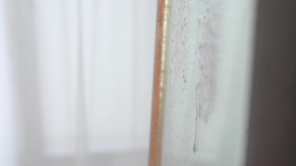 Pessoa limpeza espelho grande em casa, close-up
 - Filmagem, Vídeo