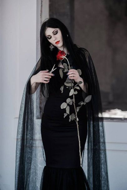 Woman in black long dress, gothic style, classical lady gothic, victorian style. Halloween dress - Photo, Image