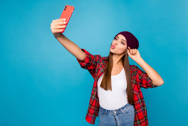 Portrait of her she nice attractive winsome charming lovely lovable flirty pretty long-haired girl taking selfie sending air kiss isolated over bright vivid shine vibrant blue color background - Φωτογραφία, εικόνα