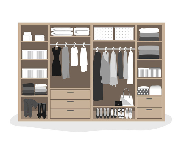 Wardrobe storage system in a modern style. Dressing room interior element, flat vector illustration - Vector, Image