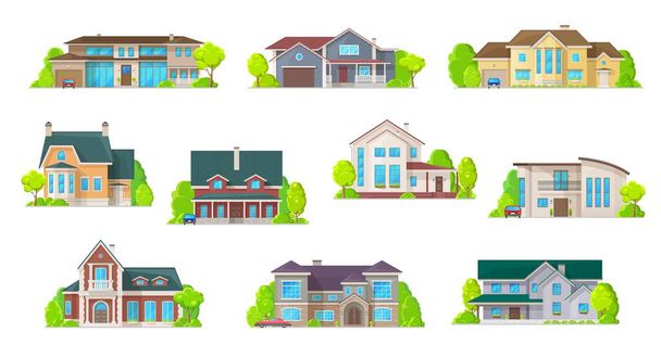 Houses, bungalow cottages and real estate buildings, vector icons. Private houses and residential architecture village, loft mansions and condominiums, family townhouse and home duplex apartments - Vetor, Imagem