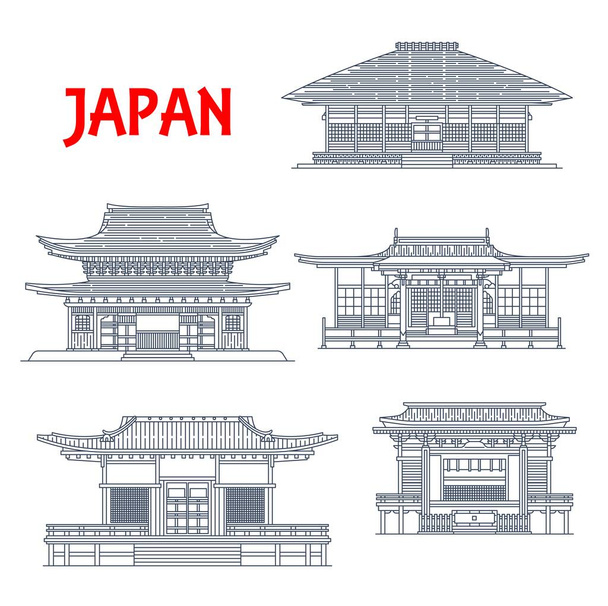 Japon binaları, Japon tapınakları, evler ve Kamakura Kanagawa 'nın mimari simgeleri. Nikko 'daki Fugenzan Meigetsu-in, Seijoke-in ve Jomyo-ji Tapınağı, Takinoo ve Suwa Janaka Tapınağı - Vektör, Görsel