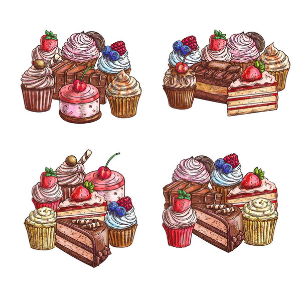 Taarten en desserts schets, zoete chocolade cupcakes en bakkerij gebak, vector. Handgetekende patisserie zoete dessertcakes, kwarktaart, tiramisu, brownie en chocolade cupcake muffins met aardbeien - Vector, afbeelding
