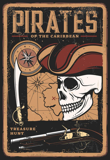Пираты винтажный плакат с черепом в шляпе и карта сокровищ, Карибские приключения, вектор, капитан Filibuster или корсар пиратский череп в матрос или капер капитан шляпа, морской компас, пистолет и меч - Вектор,изображение
