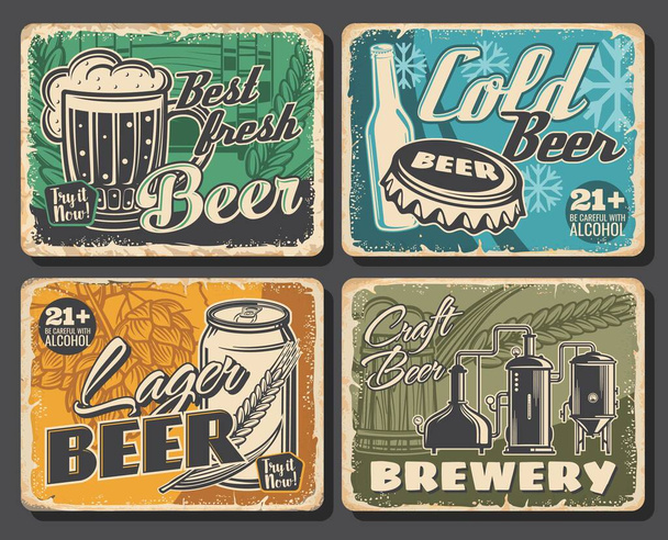Pivní pivovar retro plakáty, alkohol nápoje bar, vektor Oktoberfest vinobraní znamení nebo grunge kovové desky. Pivovar, pivovarská tradice, pivo v dřevěném sudu, láhev a půllitrový hrnek - Vektor, obrázek