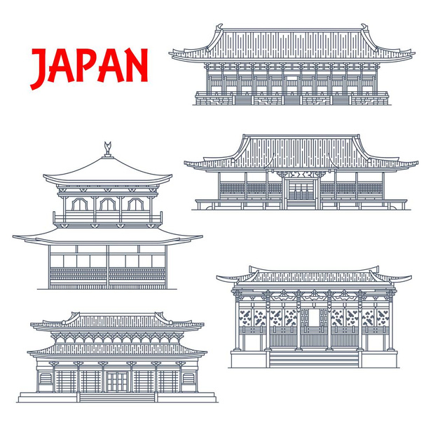 Edificios de Japón, templos japoneses, santuarios de pagoda, monumentos religiosos de arquitectura de Kioto. Ninna-ji, Ginkaku Pabellón de plata o templo de Jisho-ji, Eikan-do Zenrin-ji, santuario sintoísta de Nanjen-ji Heian
 - Vector, imagen