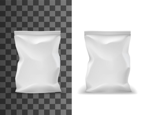 食品パッケージモックアップ、ポーチバッグやプラスチック箔、ベクトル3Dテンプレートの白い袋パック。現実的な空白の白い光沢のあるポーチバッグ、サシェパック、スナックやドライフードパック密封された側面を持つラップパッケージ - ベクター画像