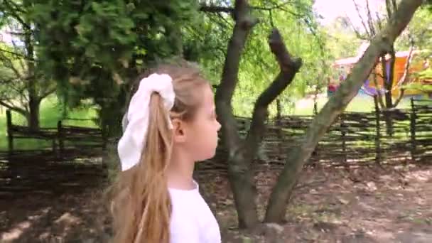 the girl plays in a green park. the child goes to the park - Video