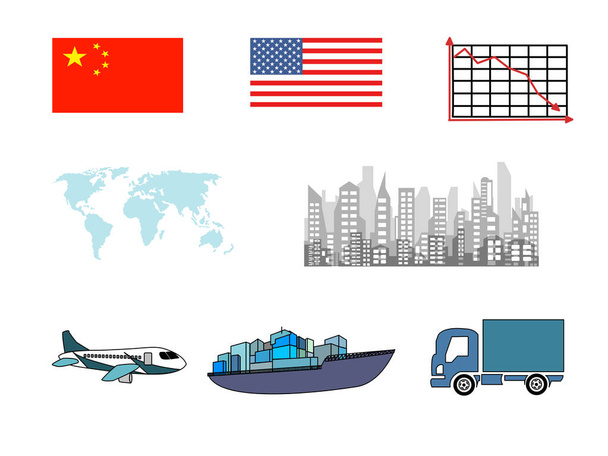 Talouskriisin sarja. Liiketoiminta, markkinariskit, Kiinan ja Yhdysvaltain lippu, rakennus, maailma, lentokone, rahtilaiva, kuorma-auto. - Vektori, kuva